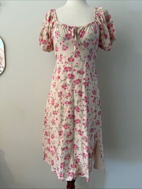 GB girls Cream Midi Dress with Pink Floral Print